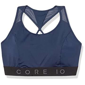 Amazon Brand - Core 10 Women's Multi-Strap Sports Bra with Removable cups, blue, Small