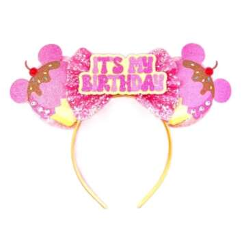 CLGIFT Minnie Ears Headband, Birthday Pink - Handmade flexible headband, Shiny front side only, Bow Size - 5 inches, Sequins Bow, Silver gold blue minnie ears, Rainbow Sparkle, Pink, Unisex