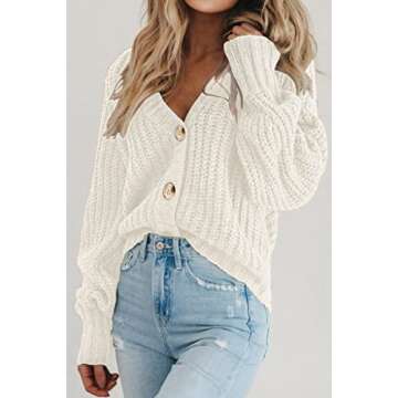 PRETTYGARDEN Long Sleeve Button Up Women Sweaters Fall 2024 Open Front Plain Cardigans Sweaters Loose Soft Knit Coat Outerwear (White,Medium)