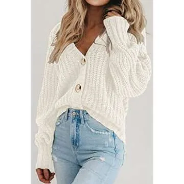 PRETTYGARDEN Long Sleeve Button Up Women Sweaters Fall 2024 Open Front Plain Cardigans Sweaters Loose Soft Knit Coat Outerwear (White,Medium)