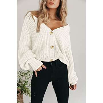 PRETTYGARDEN Long Sleeve Button Up Women Sweaters Fall 2024 Open Front Plain Cardigans Sweaters Loose Soft Knit Coat Outerwear (White,Medium)