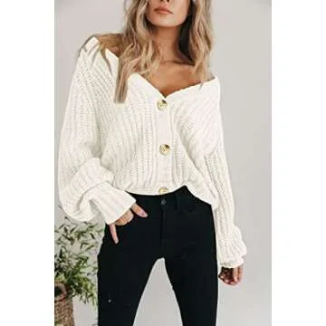 PRETTYGARDEN Long Sleeve Button Up Women Sweaters Fall 2024 Open Front Plain Cardigans Sweaters Loose Soft Knit Coat Outerwear (White,Medium)