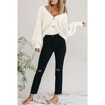 PRETTYGARDEN Long Sleeve Button Up Women Sweaters Fall 2024 Open Front Plain Cardigans Sweaters Loose Soft Knit Coat Outerwear (White,Medium)