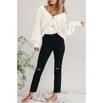 PRETTYGARDEN Long Sleeve Button Up Women Sweaters Fall 2024 Open Front Plain Cardigans Sweaters Loose Soft Knit Coat Outerwear (White,Medium)