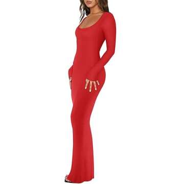 REORIA Womens Sexy Casual Scoop Square Neck Long Sleeve Soft Lounge Long Dress Fall Wedding Guest El...