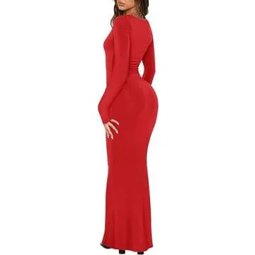 REORIA Womens Sexy Casual Scoop Square Neck Long Sleeve Soft Lounge Long Dress Fall Wedding Guest Elegant Ribbed Bodycon Maxi Dresses Red Small