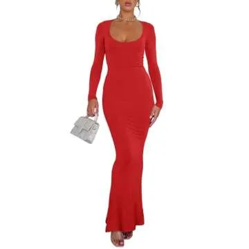 REORIA Womens Sexy Casual Scoop Square Neck Long Sleeve Soft Lounge Long Dress Fall Wedding Guest Elegant Ribbed Bodycon Maxi Dresses Red Small