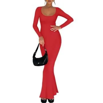 REORIA Womens Sexy Casual Scoop Square Neck Long Sleeve Soft Lounge Long Dress Fall Wedding Guest Elegant Ribbed Bodycon Maxi Dresses Red Small