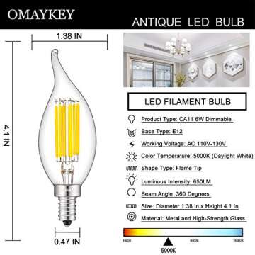 OMAYKEY 6W Dimmable LED Candelabra Bulb 5000K Daylight White, 65W Equivalent 650 Lumen, E12 Base Vintage Edison CA11 Candle Flame Tip Clear Glass LED Chandelier Light Bulbs, 8 Pack