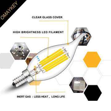 OMAYKEY 6W Dimmable LED Candelabra Bulb 5000K Daylight White, 65W Equivalent 650 Lumen, E12 Base Vintage Edison CA11 Candle Flame Tip Clear Glass LED Chandelier Light Bulbs, 8 Pack