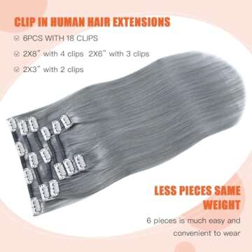 UGOTRAYS Silver Grey Clip in Hair Extensions Real Human Hair 70G Gray Remy Human Hair Clip in Extens...
