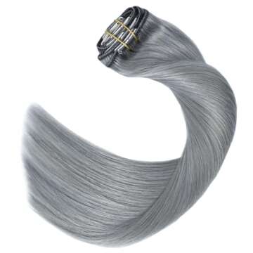 UGOTRAYS Silver Grey Clip in Hair Extensions Real Human Hair 70G Gray Remy Human Hair Clip in Extensions 15 Inch Soft Silky Straight for Full Head 7pcs 16clips One Pack (15 Inch #Silky/Gray)