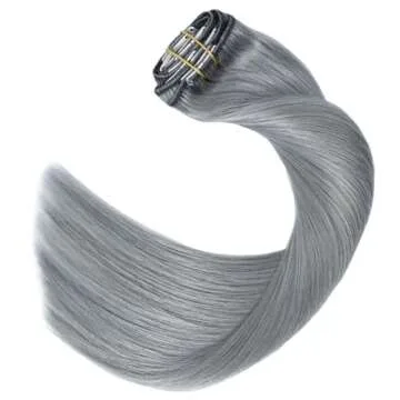 UGOTRAYS Silver Grey Clip in Hair Extensions Real Human Hair 70G Gray Remy Human Hair Clip in Extensions 15 Inch Soft Silky Straight for Full Head 7pcs 16clips One Pack (15 Inch #Silky/Gray)