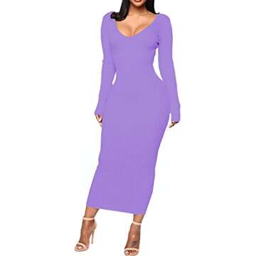SheKiss Casual Fall Wedding Guest Dresses Boho Ankle Length Knitted Bridesmaid Dress Purple…