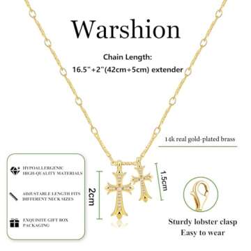 Warshion Cross Necklace 14K Gold Plated Double Cross Pendant Necklace Dainty Diamond Cross Charm Link Chain Choker Delicate Faith Jewelry Religious Gifts for Women