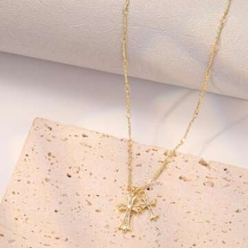 Warshion Cross Necklace 14K Gold Plated Double Cross Pendant Necklace Dainty Diamond Cross Charm Link Chain Choker Delicate Faith Jewelry Religious Gifts for Women
