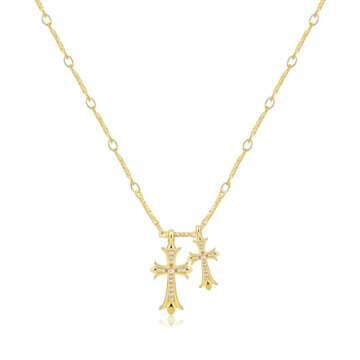 Warshion Cross Necklace 14K Gold Plated Double Cross Pendant Necklace Dainty Diamond Cross Charm Link Chain Choker Delicate Faith Jewelry Religious Gifts for Women