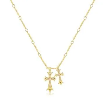 Warshion Cross Necklace 14K Gold Plated Double Cross Pendant Necklace Dainty Diamond Cross Charm Link Chain Choker Delicate Faith Jewelry Religious Gifts for Women