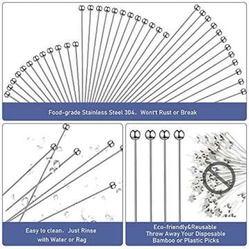 36 Pieces Cocktail Picks Stainless Steel Martini Picks 4, 6, 8, Inch Stainless Steel Appetizer Drink Sticks Cocktail Toothpicks for Hamburger Birthday Party Home Bar