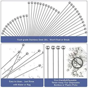 36 Pieces Cocktail Picks Stainless Steel Martini Picks 4, 6, 8, Inch Stainless Steel Appetizer Drink Sticks Cocktail Toothpicks for Hamburger Birthday Party Home Bar