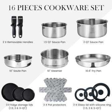 ROYDX 3-Ply Pots and Pans Set,18/10 Stainless Steel Cookware Set with Detachable Handles,PFOA Free, ...