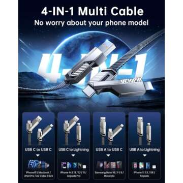 Vexipia 4-in-1 USB C Cable 60W 5FT Compatible with Lightning Cable Fast Charging Flat Nylon Braided ...