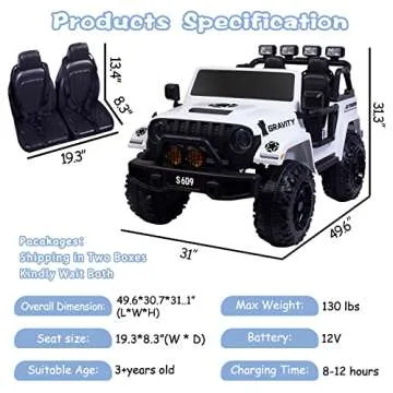 OTTARO 2 Seater Ride on Truck, 12V Large Electric Vehicles Battery Powered Cars for Kids with Remote Control, Spring Suspension, LED Lights, Music (White)