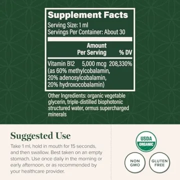 Organic Vitamin B12 Sublingual 5000 mcg Liquid Supplement