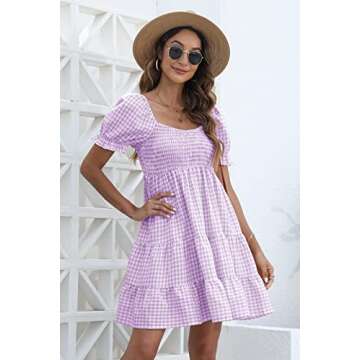Dokuritu Women's Off Shoulder Gingham Short Puff Sleeve Smocked Plaid Milkmaid Babydoll Teens Purple Mini Dress (PurplePlaid,L)