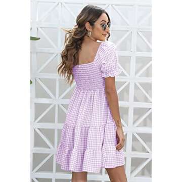 Dokuritu Women's Off Shoulder Gingham Short Puff Sleeve Smocked Plaid Milkmaid Babydoll Teens Purple Mini Dress (PurplePlaid,L)