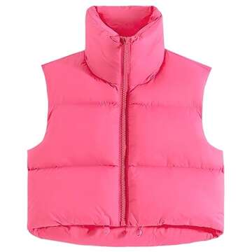 Fuinloth Women's Padded Vest, High Stand Collar Lightweight Zip Crop Puffy Gilet Rose Red XL