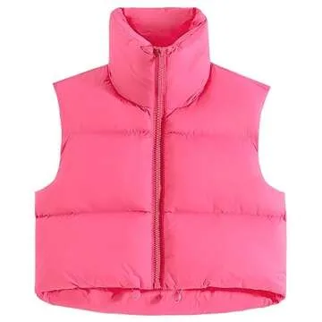Fuinloth Women's High Stand Collar Lightweight Zip Crop Puffer Vest in Rose Red XL