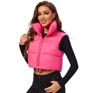 Fuinloth Women's Padded Vest, High Stand Collar Lightweight Zip Crop Puffy Gilet Rose Red XL