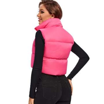 Fuinloth Women's Padded Vest, High Stand Collar Lightweight Zip Crop Puffy Gilet Rose Red XL