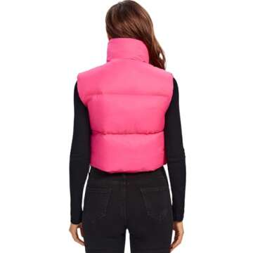 Fuinloth Women's Padded Vest, High Stand Collar Lightweight Zip Crop Puffy Gilet Rose Red XL
