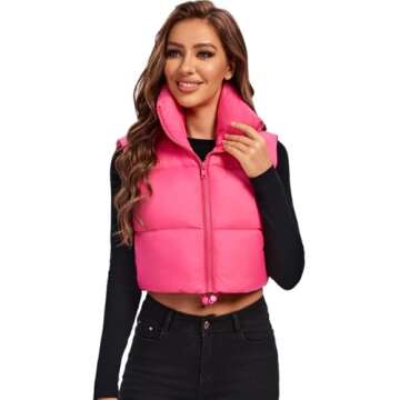 Fuinloth Women's Padded Vest, High Stand Collar Lightweight Zip Crop Puffy Gilet Rose Red XL