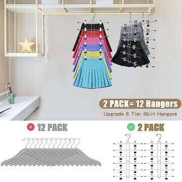 6 Tier Skirt Hangers Space Saving,2 Pack Pants Skirts Hangers with Clips for Women Closet,Non Slip Closet Organizer and Storage Multi Clothes Shorts Hanger Organization Dorm Room Essentials