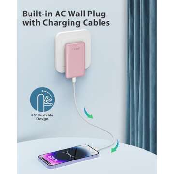 Compact TG90° Portable Charger Power Bank with Built-in Plug and Cables