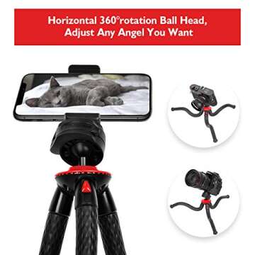 Fotopro Flexible Phone Tripod, Camera Tripod with Dual 1/4" Screw & Bluetooth Remote Control & Smartphone Mount for iPhone, DSLR, Samsung, Huawei UFO Plus