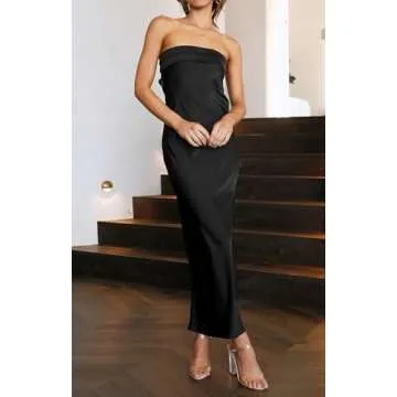 MEROKEETY Women 2025 Summer Strapless Satin Tube Bodycon Backless Wedding Guest Maxi Dress Black Small