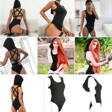 JUMISEE Women Rave Pentagram Bodysuit Jumpsuit Sexy Hoodie Festival Clothing Romper for Dance Party Clubwear