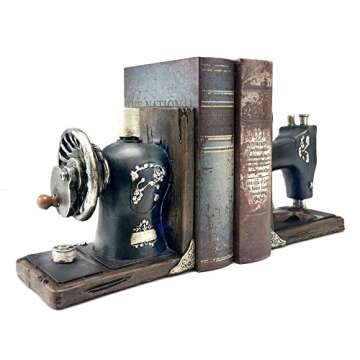 Bellaa 21383 Decorative Bookend Book Ends Sewing Machine Vintage Bookshelves Shelves Books Stopper Home Office Library Study Decor Heavy Duty Non Skid 6 Inch