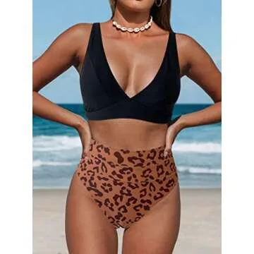 Hilinker Women's Leopard Bikini Swimsuits V Neck High Waisted 2 Piece Bathing Suits (as1, Alpha, l, ...