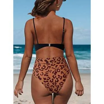 Hilinker Women's Leopard Bikini Swimsuits V Neck High Waisted 2 Piece Bathing Suits (as1, Alpha, l, Regular, Regular, Black Brown)