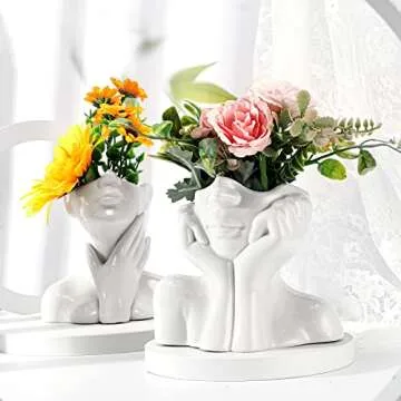 Sieral 3 Pcs Ceramic Face Vase Female Form Flower Modern Body Vase for Decor with Head Half Body Bust Centerpiece for Table Shelf Home Bedroom Room Office(Small,White)(Small,White)