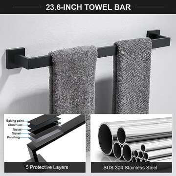 TQKAG 6-Piece Bathroom Towel Bar Set Matte Black - High-Quality Stainless Steel Accessories