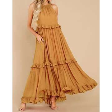 R.Vivimos Womens Summer Dress Cotton Sleeveless Halter Layered Ruffles Casual Boho Flowy Maxi Dress (X-Large, Yellow)