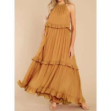 R.Vivimos Womens Summer Dress Cotton Sleeveless Halter Layered Ruffles Casual Boho Flowy Maxi Dress (X-Large, Yellow)