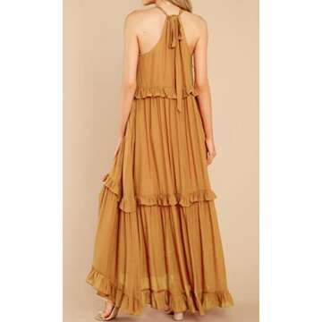 R.Vivimos Womens Summer Dress Cotton Sleeveless Halter Layered Ruffles Casual Boho Flowy Maxi Dress (X-Large, Yellow)