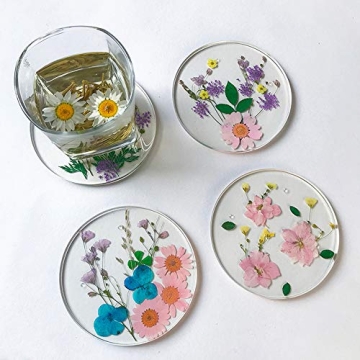 Drink Coasters Flower Cup Mat-Epoxy Resin Coasters with Colorful Natural Floral Reusable Round Kitch...